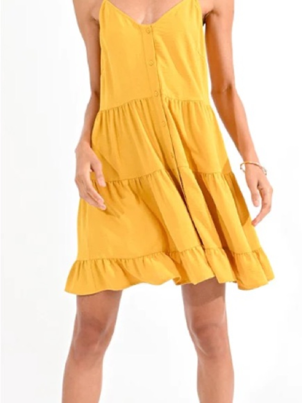 Molly Bracken Mustard Tiered Button-Front Mini Dress